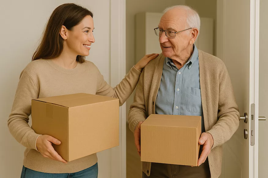 “Anhörig hjälper äldre person med flyttlådor och packning – symboliserar flytt till äldreboende med fokus på trygghet, omsorg och praktiskt stöd under flytten”